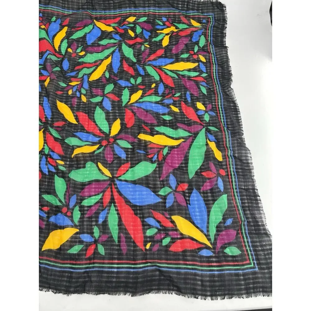 YSL Vintage Scarf Shawl Womens Black Multicolor Floral Fringe Sheer Wool Logo